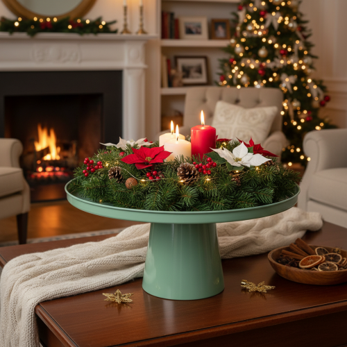 Groene ronde metalen siertafel, 40 cm diameter, met hoge rand. | Floristik24.nl