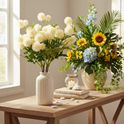 Kunstmatige chrysanten, crèmewitte bos, decoratieve tak, groot 56 cm, 4 stuks | Floristik24.nl