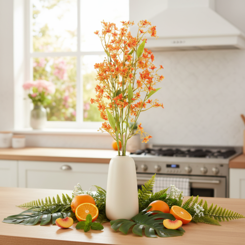 Artikel Kunstmatige orchideeëntak met oranje filigraan decoratie voor de kamer, 110 cm, 3 stuks