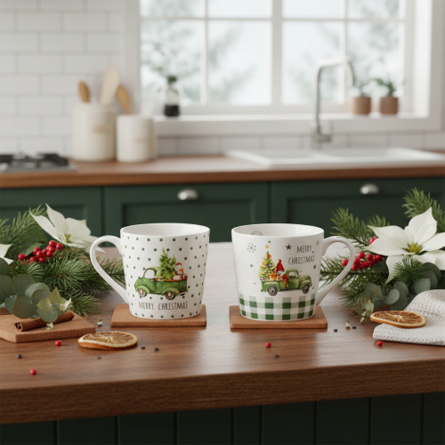 Koffiemok Merry Christmas Kerstautomotief keramische mok 10 cm 2 stuks | Floristik24.nl