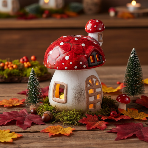 Decoratief paddenstoelvormig theelichthuisje, handgeschilderd met torentje, 21 cm | Floristik24.nl