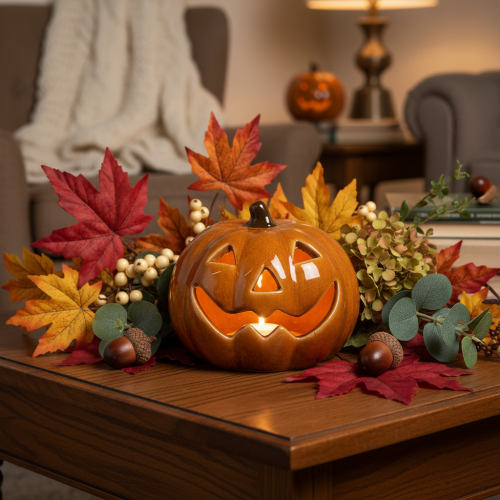 Keramische pompoen met LED-verlichting, Halloween-decoratie, klein, 10 cm | Floristik24.nl