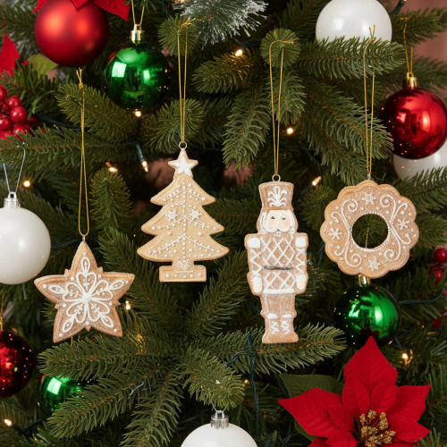 Kerstversieringen, peperkoek, glazuurlook, notenkraker, ster, boom, krans, 6 cm, 4 stuks | Floristik24.nl