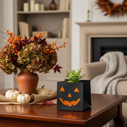 Artikel Bloempot in de vorm van een pompoengezicht van een papieren zak, Halloweenversiering, 10 cm, 6 stuks