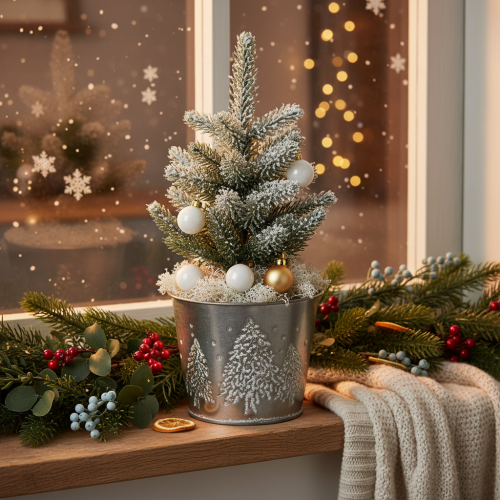 Metalen plantenbak met glinsterende dennenboompjes, 13 cm | Floristik24.nl