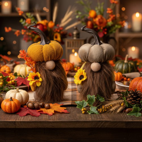 Herfstfiguurtje: pompoenkabouter met zonnebloem en baard, 16 cm, 2 stuks | Floristik24.nl