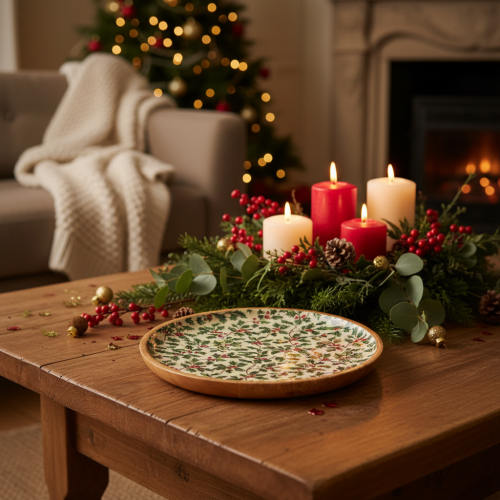 Kerstdecoratiebord met hulstmotief, 25 cm | Floristik24.nl