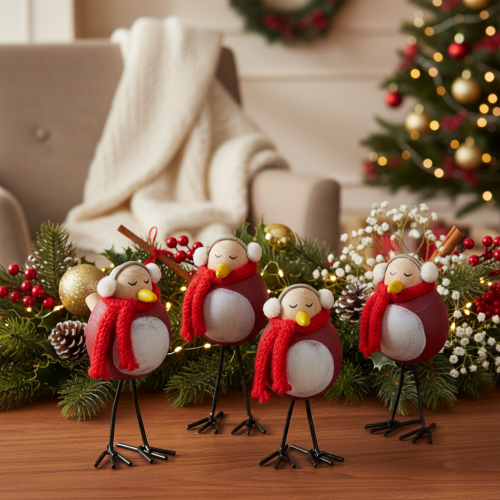 Decoratief vogelbeeldje met sjaal, winterdecoratie, 11 cm, 4 stuks | Floristik24.nl
