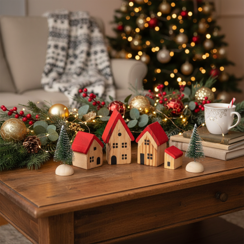 Houten decoratieve huisjesset met rode daken en sparren, 12 cm, 6 stuks | Floristik24.nl