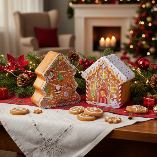 Kerstblik, koekblik, kerstboom en huisje, peperkoeklook, 14 cm, 2 stuks | Floristik24.nl
