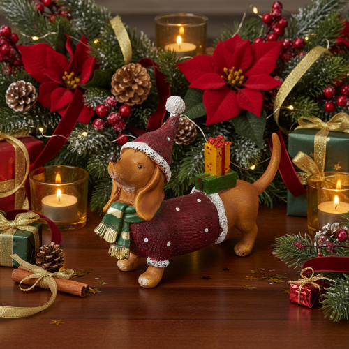 Artikel Decoratief teckelbeeldje met geschenkverpakking en hoedje, 18 cm