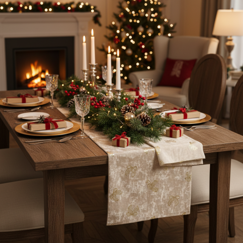 Tafelloper, decoratieve stof, met patroon, brede strikken, 35x120cm, 2 stuks | Floristik24.nl