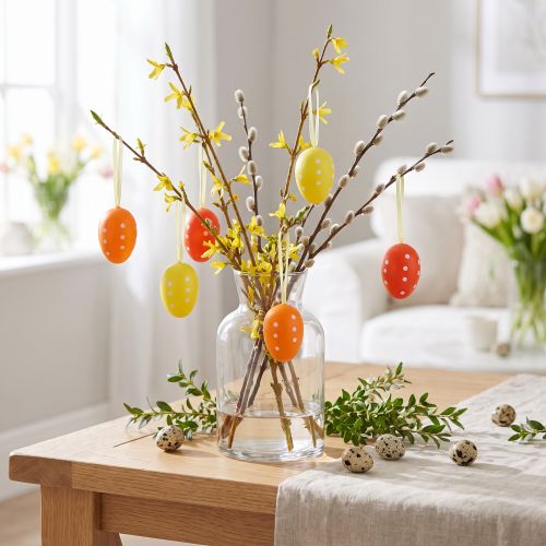 Mini paasei om op te hangen gestippeld geel, rood, oranje H4cm 24 st | Floristik24.nl