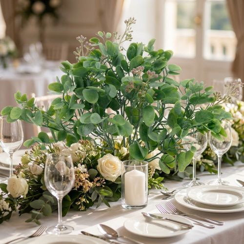 Bruiloftsdecoratie eucalyptustakken met bloemen decoratief boeket groen, roze 26cm | Floristik24.nl