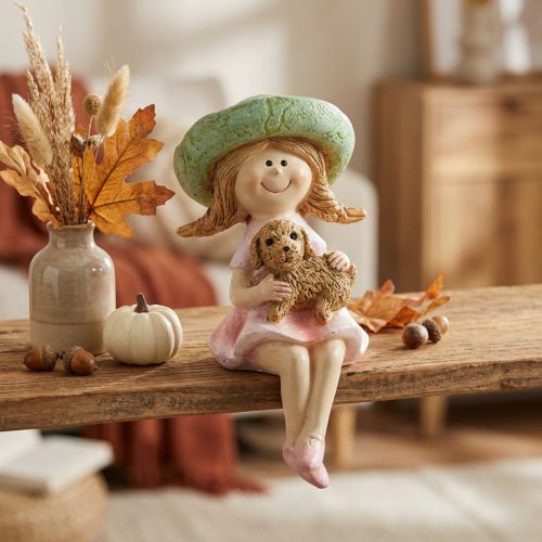 Decoratief beeldje voor op een plank: Lachend meisje met hond, Ø4,5 cm, H9,5 cm | Floristik24.nl