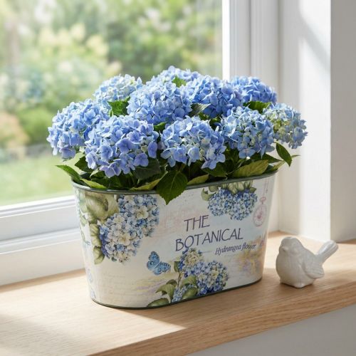 Bloemenschaal ovale hortensia's kunststof schaal 21,5×12,5cm H11cm | Floristik24.nl