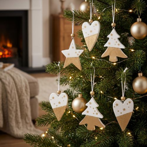 Kerstversieringen, houten ster, boom, hart, 6 stuks, witte en gouden decoratieve hangers | Floristik24.nl