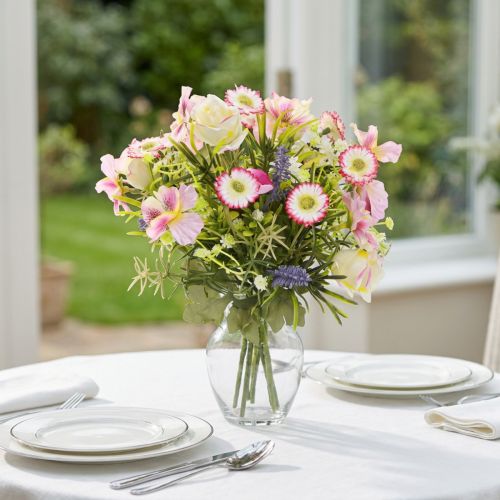 Kunstbloemenboeket, crème, roze, paars, groen, elegante tafeldecoratie | Floristik24.nl