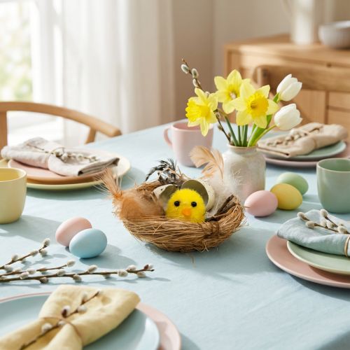 Paasdecoratie kuikens in het nest met veren Tafeldecoratie Paasnest Ø9cm | Floristik24.nl