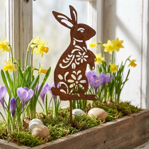 Tuinpaal Roest Konijntje Bloemenpatroon Tuindecoratie Pasen 9×15cm | Floristik24.nl