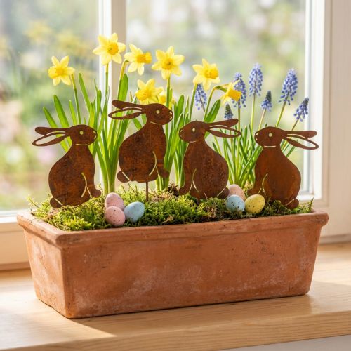 Tuindecoratie, roestig paashaasje, bloemsteker, metaal, 7×9 cm, 6 stuks | Floristik24.nl