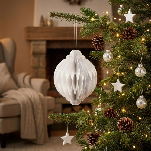 Honingraatbal Kerstbal papier wit FSC Ø15cm H20cm | Floristik24.nl