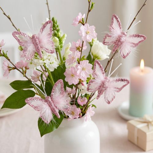 Decoratieve clip met veer en vlindermotief, roze en wit, 5x4,5 cm, 4 stuks | Floristik24.nl