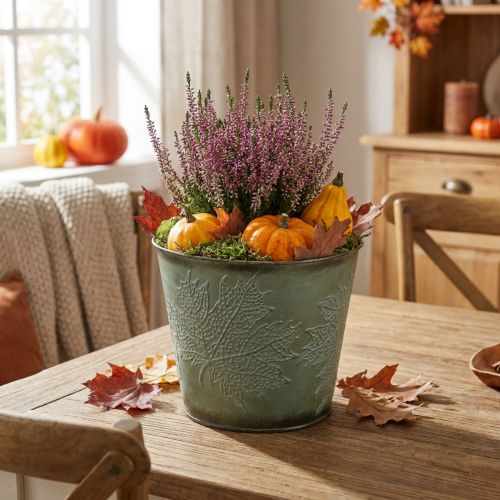 Bloempot met herfstdecoratie, metalen decoratie, herfstplanter groen Ø18.5cm H17cm | Floristik24.nl