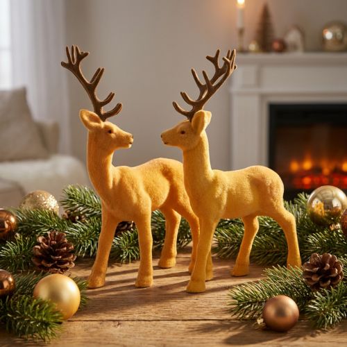 Hert deco rendier geelbruin geflockt H20,5cm set van 2 | Floristik24.nl