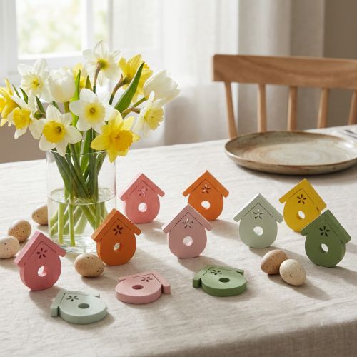 Artikel Strooidecoratie vogelhuisje houten tafeldecoratie gekleurd 2,5–3,5cm 48 stuks