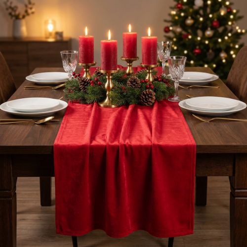 Fluwelen tafelloper rood, glanzende decoratiestof, 28×270cm - tafelloper voor feestelijke decoratie | Floristik24.nl