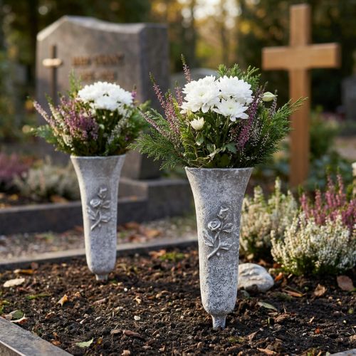 Artikel Grijze grafvaas met rozenmotief, 26 cm hoog, 2 stuks