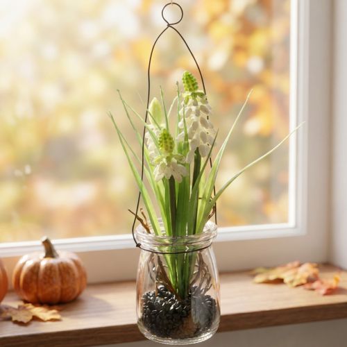 Druivenhyacint wit in een glas om op te hangen H22cm | Floristik24.nl
