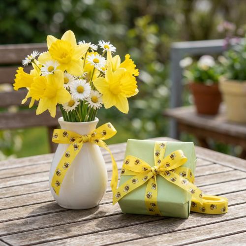 Decoratief lint lente geel, lint met bijen B15mm L20m | Floristik24.nl