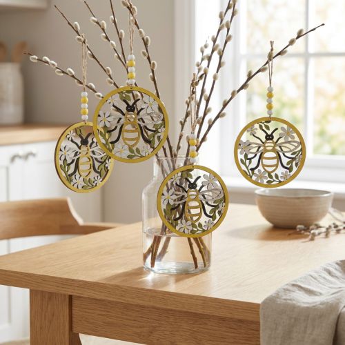 Bij om op te hangen houten veerdecoratie hanger Ø12cm 4st | Floristik24.nl