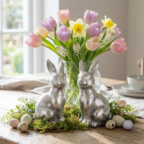 Decoratieve konijn zittend Paasdecoratie zilver vintage H13cm 2 st. | Floristik24.nl