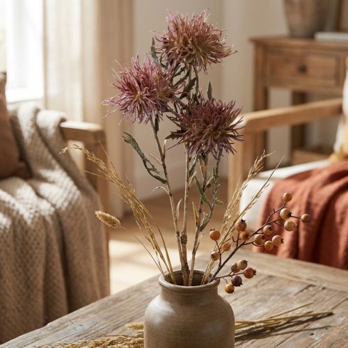 Kunstknoopkruid kunstbloemen herfst 3 bloemen lila 48cm | Floristik24.nl