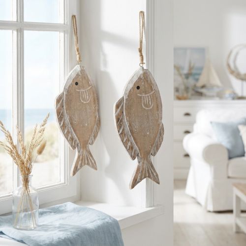 Houten decoratieve hangvis wit-natuur 21cm set van 2 | Floristik24.nl