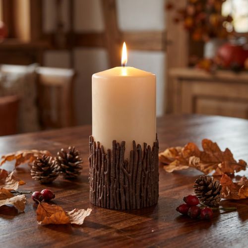 Rustieke pilaarkaars met takken, beige, 150x70mm, decoratieve kaars | Floristik24.nl