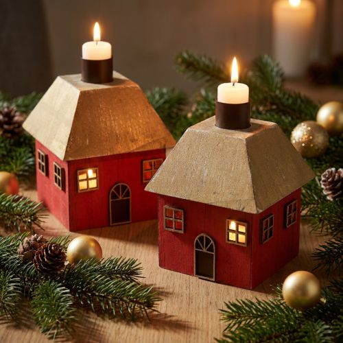 Kaarshouder Kersthuisje hout rood 9×9×11cm 2 st | Floristik24.nl