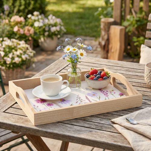 Rechthoekig houten dienblad, natuurlijke bloemen, vlinder, L35cm | Floristik24.nl