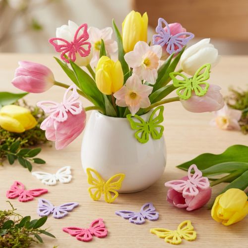 Artikel Vilt vlinders kleurrijk – Lente decoratieve vlinders 6 kleuren 4cm 72 st.