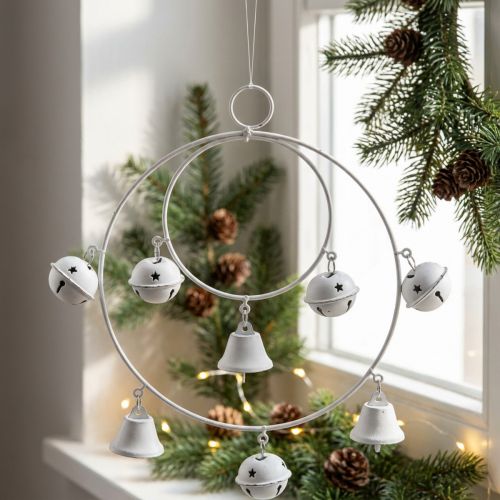 Ring met bellen, adventsdecoratie, ringkrans, metalen decoratie om op te hangen Wit H22.5cm B21.5cm | Floristik24.nl