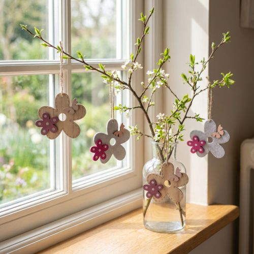 Wanddecoratie hout bloem vlinder wit roze 10×9cm 8 st | Floristik24.nl