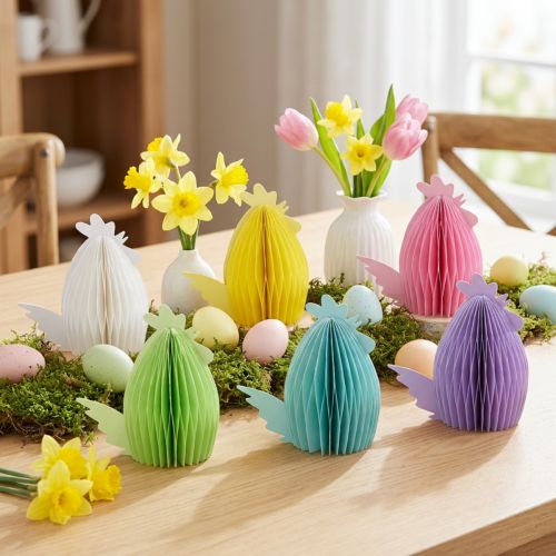 Artikel Decoratieve figuren honingraatpapier kippen gekleurd 7,5×4,5×8cm 6st