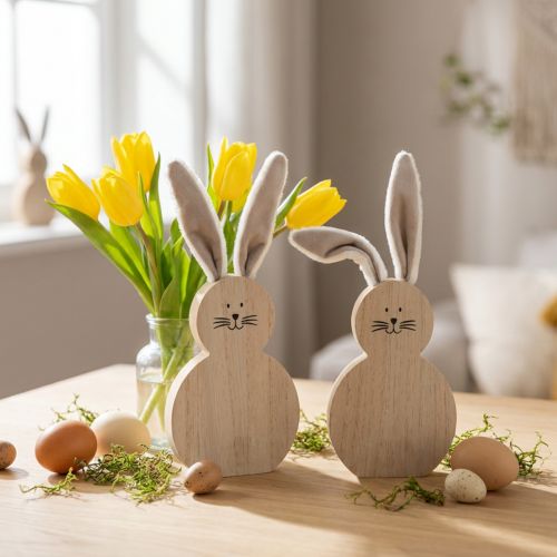 Houten konijntje met beweegbare oren bruin wit 11,5×27cm 2 st | Floristik24.nl