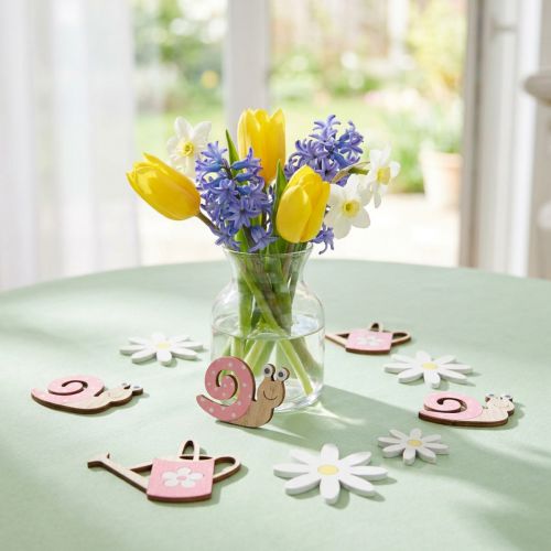 Artikel Strooidecoratie houten bloemen slakken gieter roze 4cm 36 st