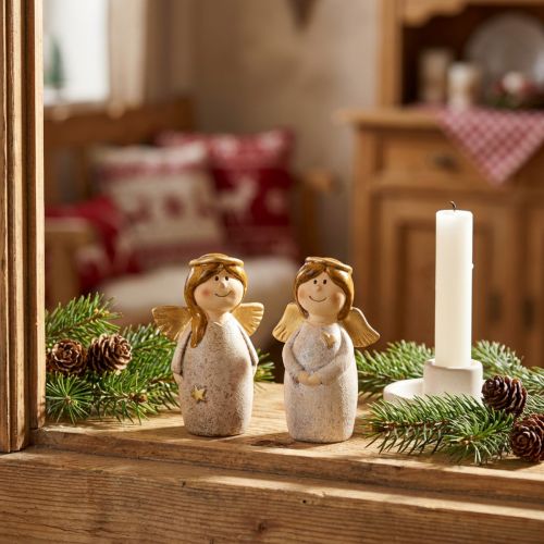 Charmant engelenduo van keramiek in crèmewit met gouden accenten - 8,6 cm - Hemelse decoratieve figuren - 2 stuks | Floristik24.nl