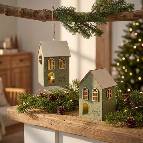 Kerstboomversiering van vilthuis met groene LED-decoratie (set van 2) | Floristik24.nl