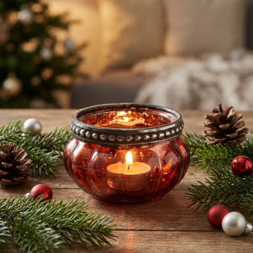 Theelichtglas antiek rood zilver met metalen rand Ø6cm H3,5cm | Floristik24.nl